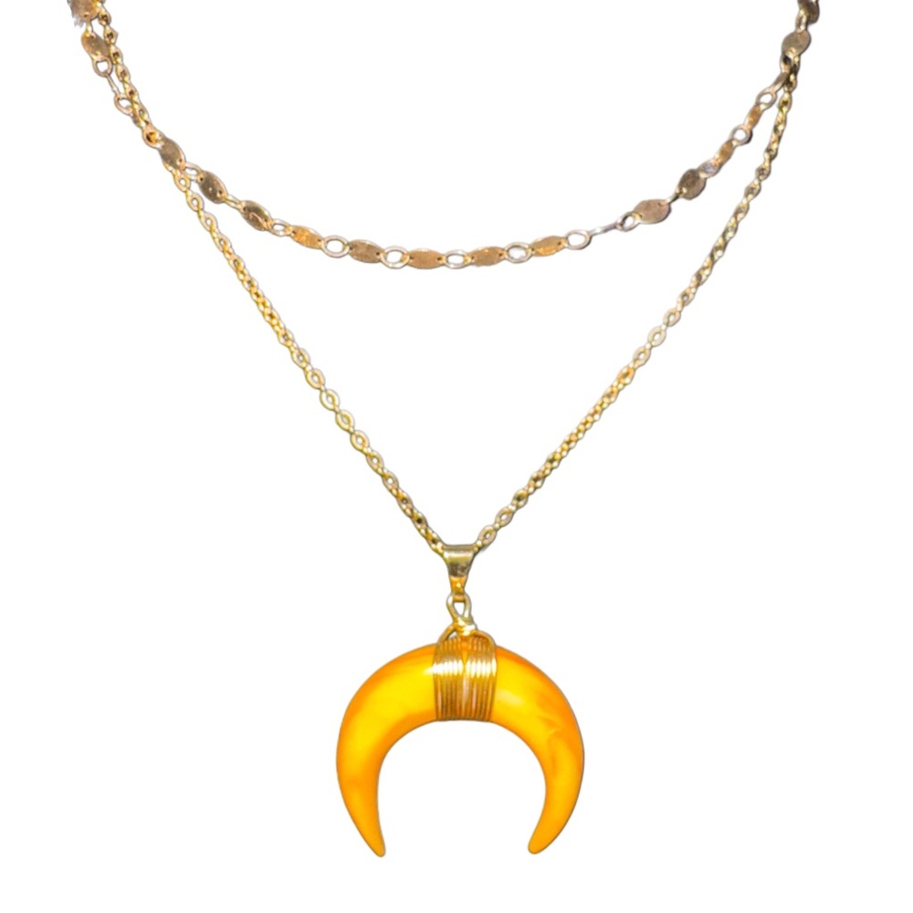 Orange/Yellow Shell Horn & Gold Wire & Disc/Link chain Double Layer Necklace